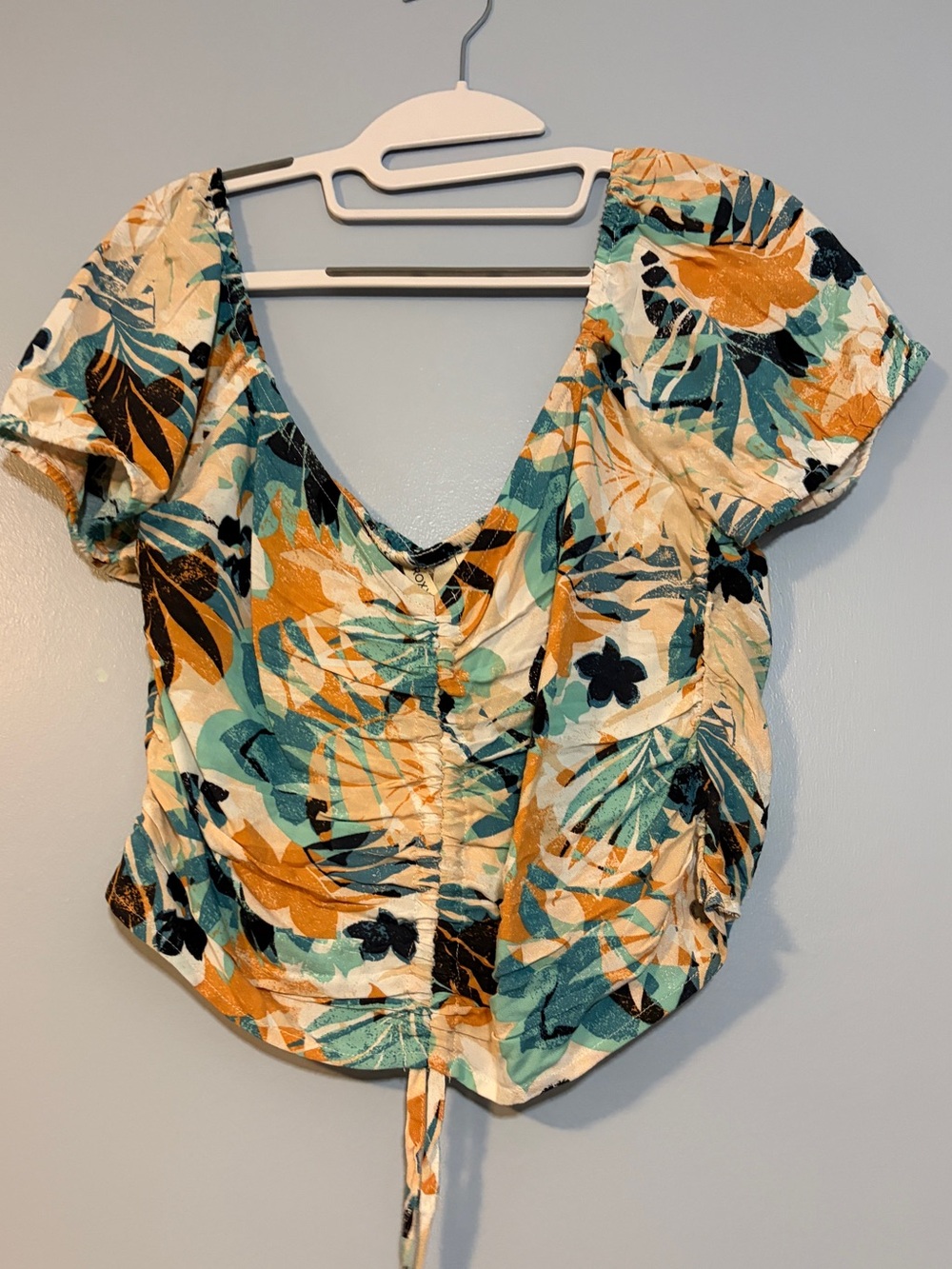 Roxy Floral V-Neck Drawstring Crop Top in Teal, Mustard & Cream